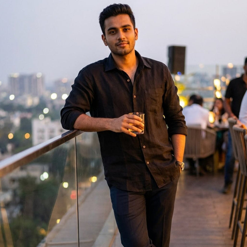 Linen Regular Collar Shirt for Men- Black