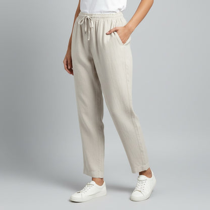 100% Pure Linen Relaxed Fit Pants for Women - Beige