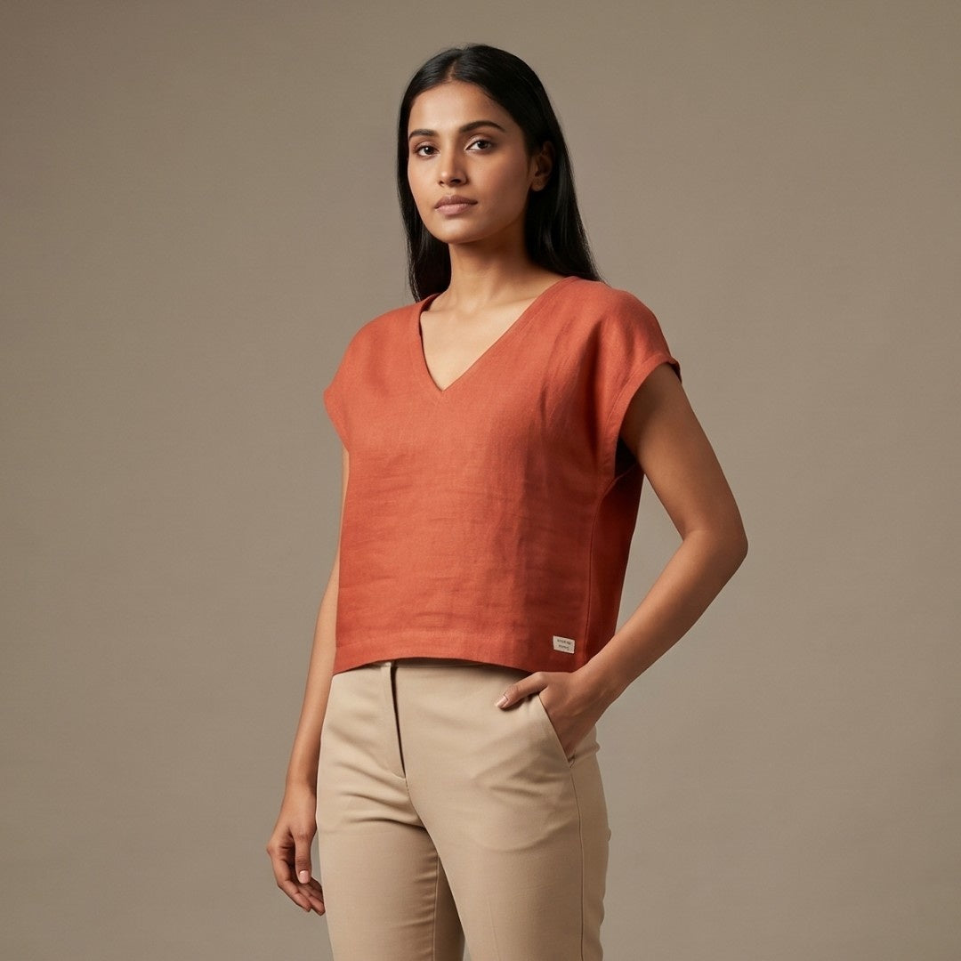 Linen Boxy Crop Top for Women- Rust