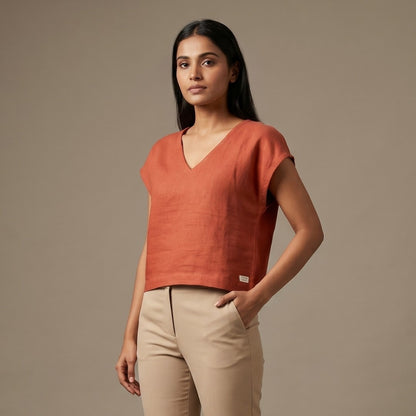Linen Boxy Crop Top for Women- Rust