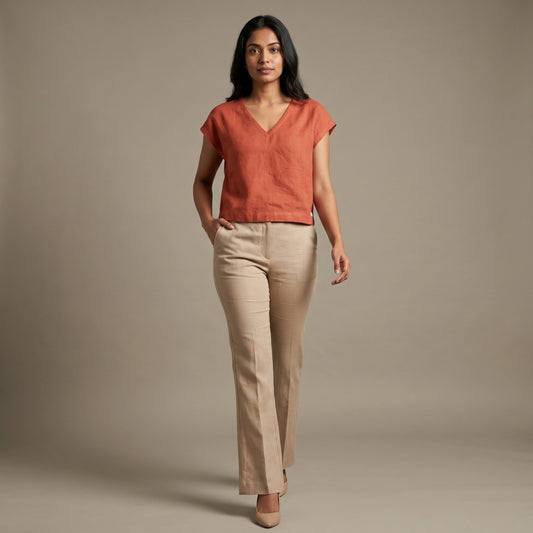 Linen Boxy Crop Top for Women- Rust