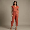 Linen Boxy Crop Top & Carrot Pants Set for Women- Rust
