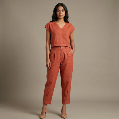 100% Pure Linen Boxy Crop Top & Carrot Pants Set for Women - Rust