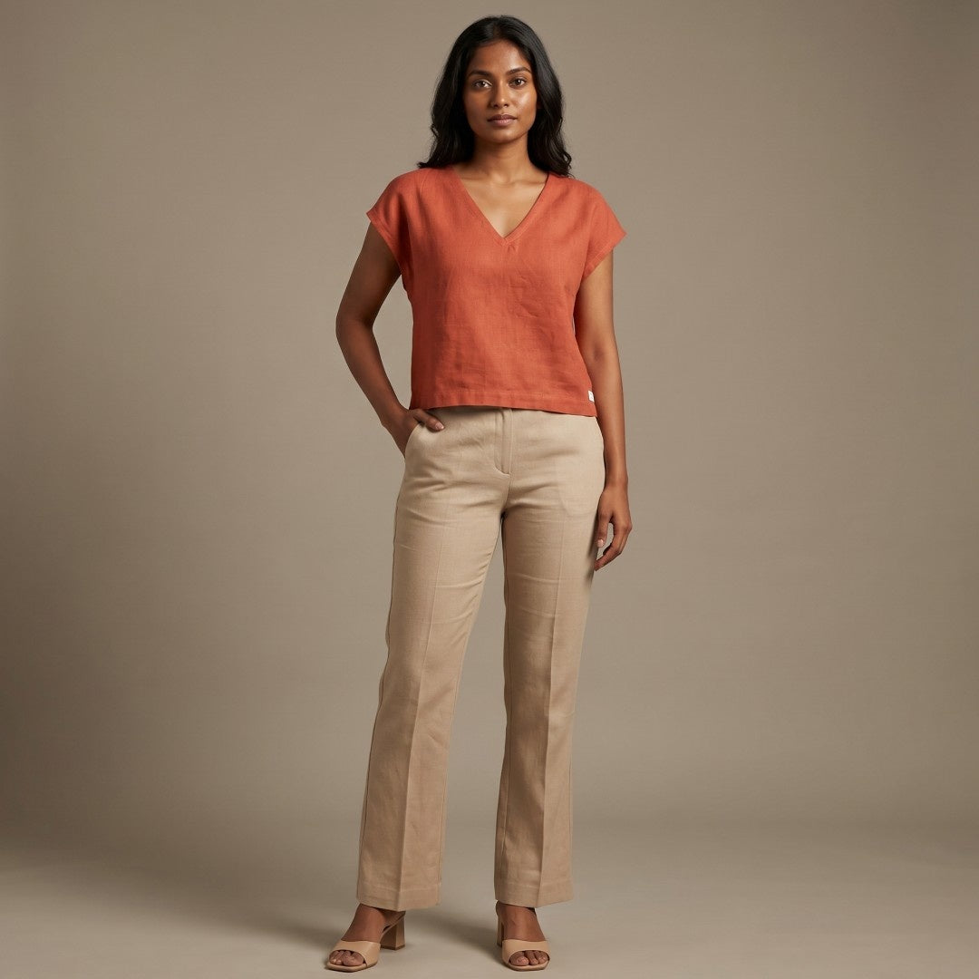 Linen Boxy Crop Top for Women- Rust