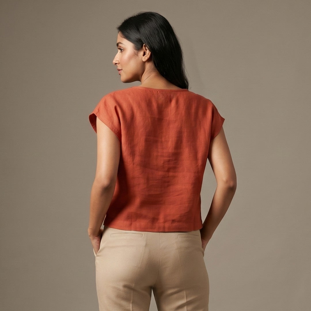 Linen Boxy Crop Top for Women- Rust