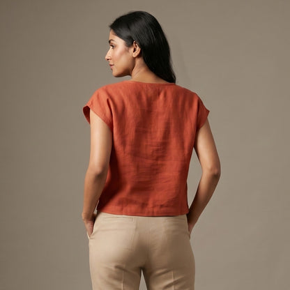 Linen Boxy Crop Top for Women- Rust