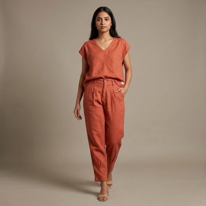 100% Pure Linen Boxy Crop Top & Carrot Pants Set for Women - Rust