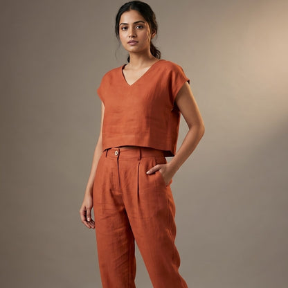 100% Pure Linen Boxy Crop Top & Carrot Pants Set for Women - Rust