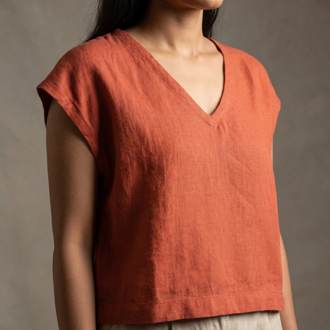 Linen Boxy Crop Top for Women- Rust