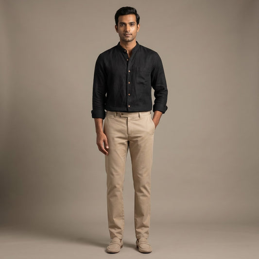 Linen Chinese Collar Shirt for Men- Black