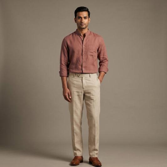 Linen Chinese Collar Shirt for Men- Copper