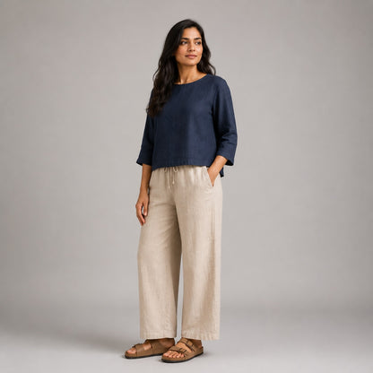 Linen Boat Neck Top for Women - Navy