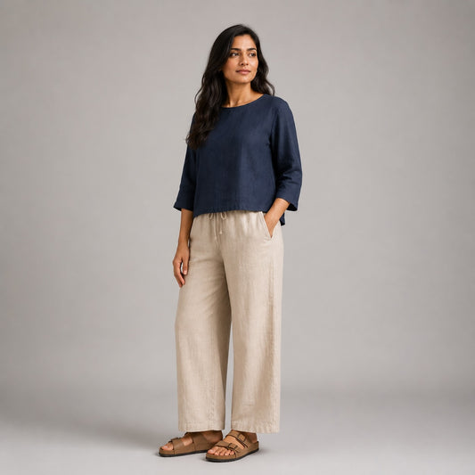 Linen Boat Neck Top for Women - Navy