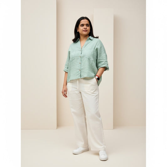 Oversize Boxy Crop Shirt - Women- 100% Premium Linen - Sage