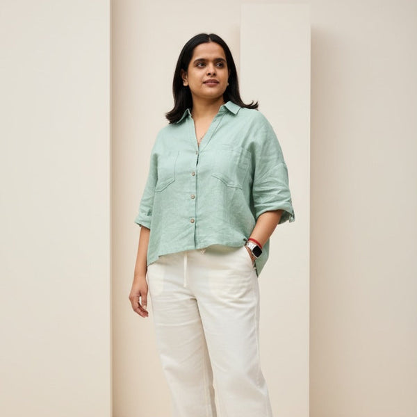 Oversized Boxy Crop Linen Shirt for Women- Sage