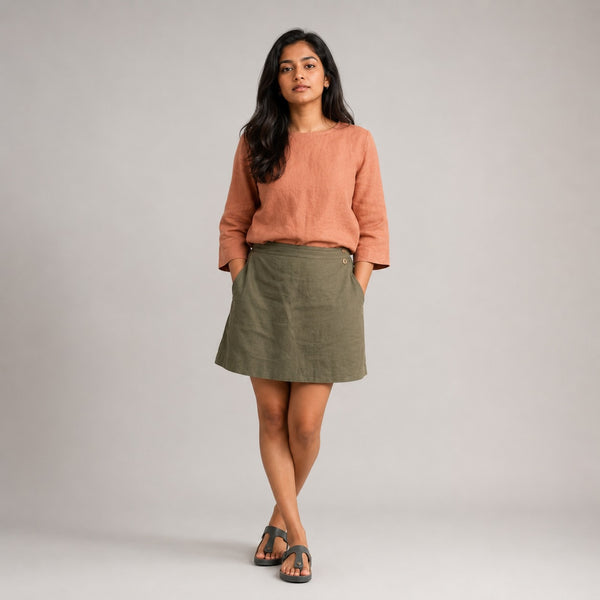 Linen Skorts for Women with Pockets- Olive