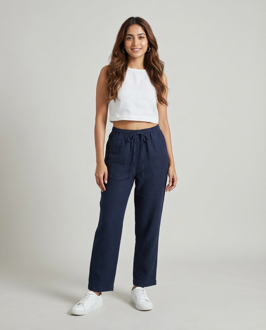 Relaxed fit Pants- 100% Premium Linen - Women - Navy
