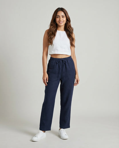 Relaxed fit Pants- 100% Premium Linen - Women - Navy
