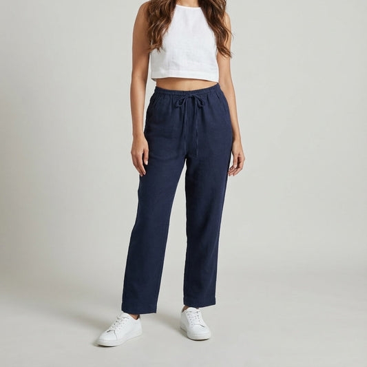 Linen Relaxed Fit Pants for Women- Navy