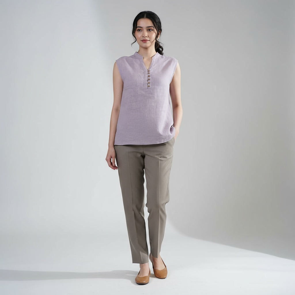 Mandarin Collared Top - 100% Linen - Women - Lavender