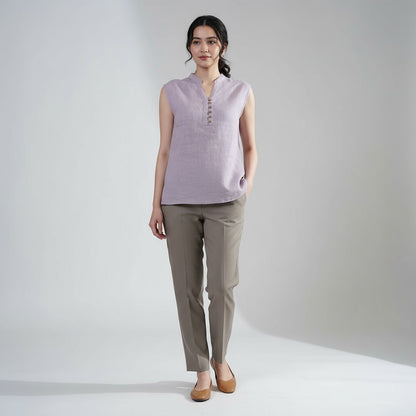 Mandarin Collared Top - 100% Linen - Women - Lavender