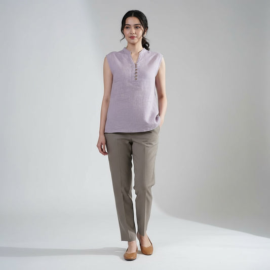Mandarin Collared Top - 100% Linen - Women - Lavender