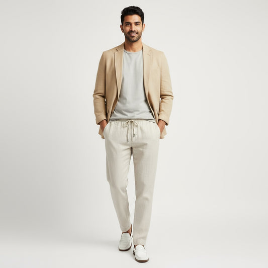 Relaxed fit pants- 100% Premium Linen - Men - Beige