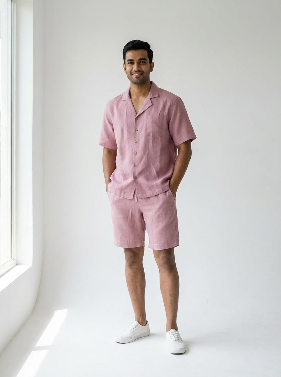 Resort collar Shirt and Shorts Co-ords - Men- 100% Premium Linen - Rose