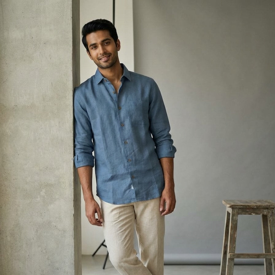 Linen Regular Collar Shirt for Men- Dusty Blue