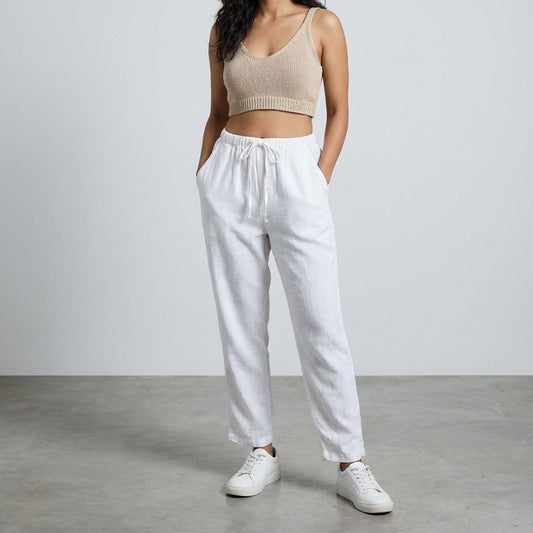Linen Relaxed Fit Pants for Women- White