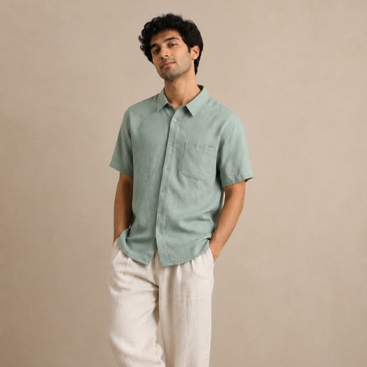 Linen Half-Sleeve Regular Collar Shirt for Men- Sage
