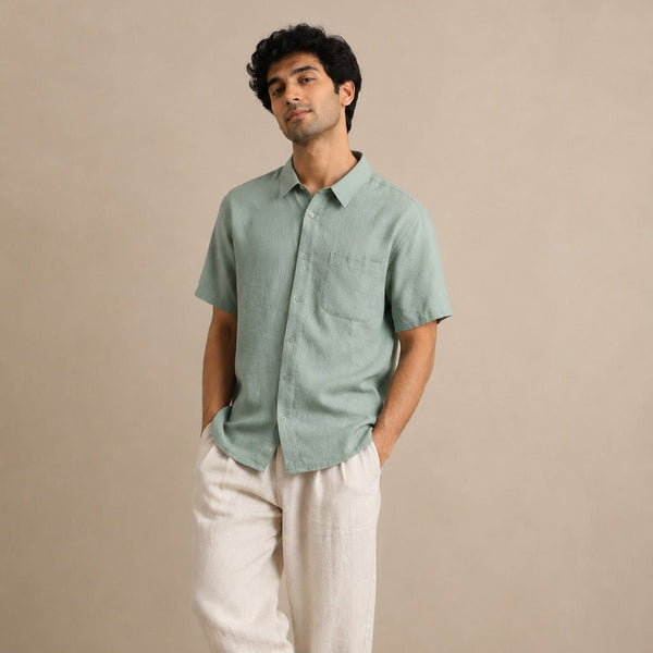Linen Half-Sleeve Regular Collar Shirt for Men- Sage