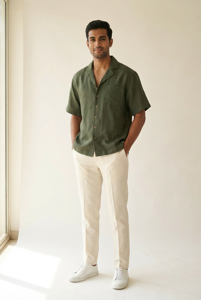 Resort Collar Short Sleeve Shirt - 100% Premium Linen - Men - Olive