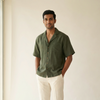 Linen Resort Collar Short Sleeve Shirt for Men- Olive