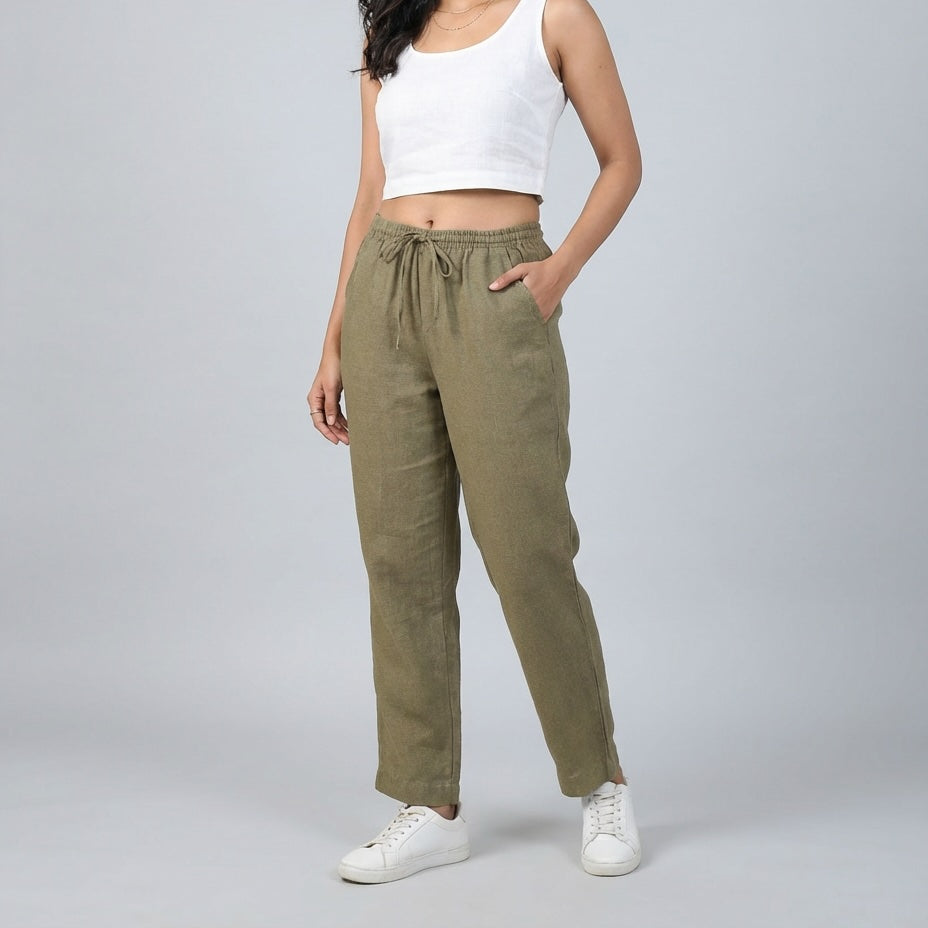 The Everyday Linen Pant – Relaxed Fit- Olive - Women