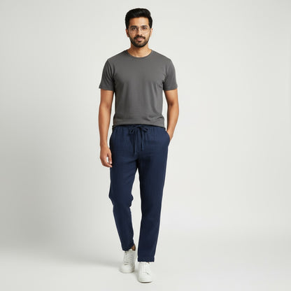 Relaxed fit pants- 100% Premium Linen - Men - Navy