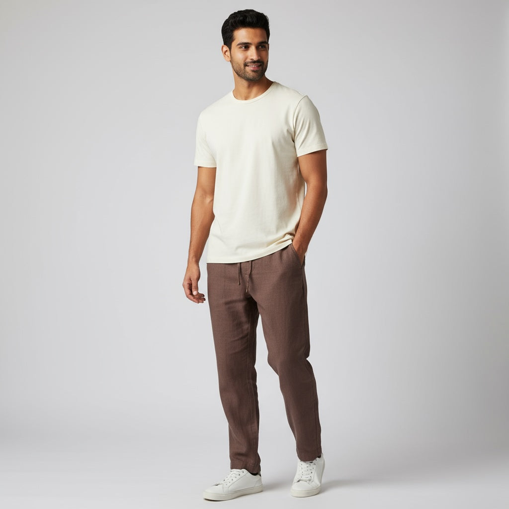 Relaxed fit pants- 100% Premium Linen - Men - Brown