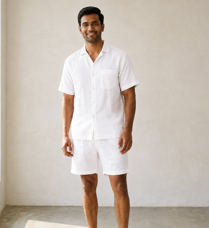 Linen Regular Collar Shirt & Shorts Set for Men- White