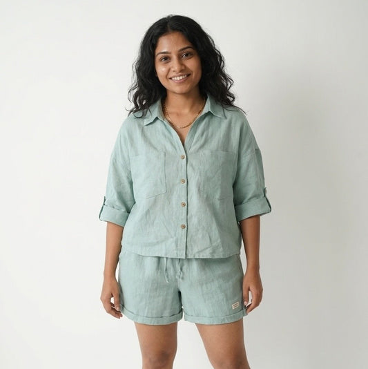 Linen Shorts Co-ord Set for Women-Sage