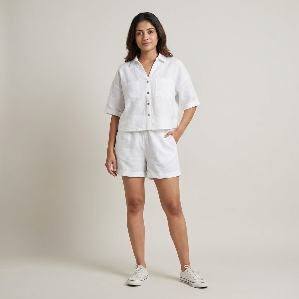Linen Shorts Co-ord Set for Women-White