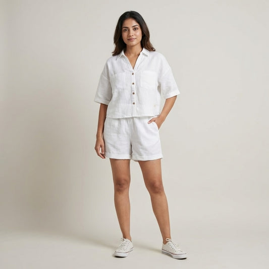 Linen Shorts Co-ord Set for Women-White