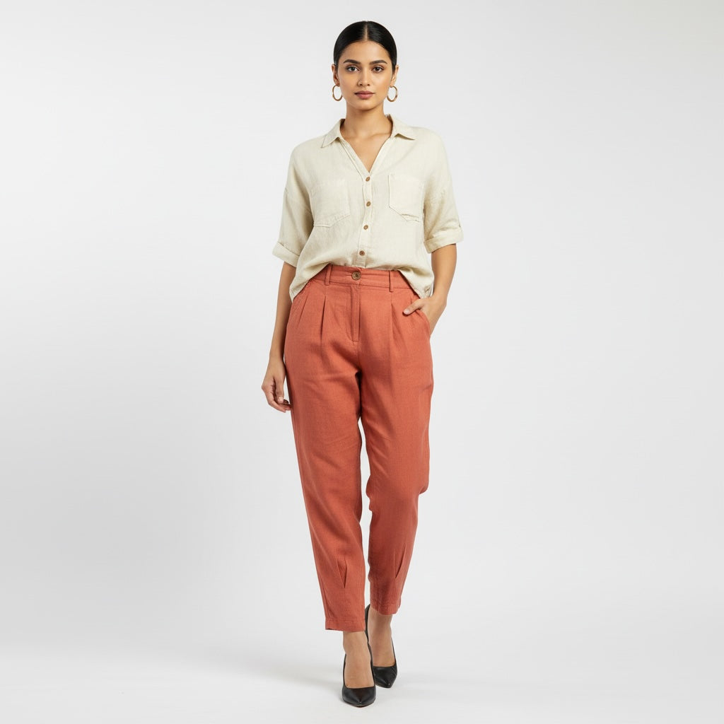 Office Carrot Pant - 100% Premium Linen - Women - Rust