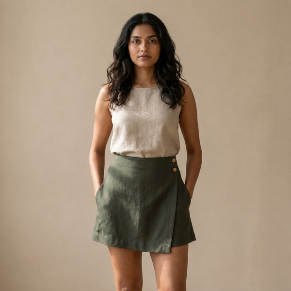 Linen Skorts for Women with Pockets- Olive