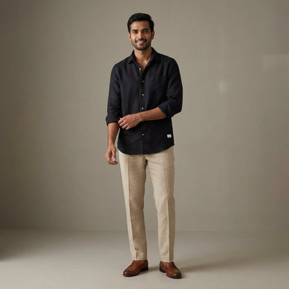 Linen Regular Collar Shirt for Men- Black
