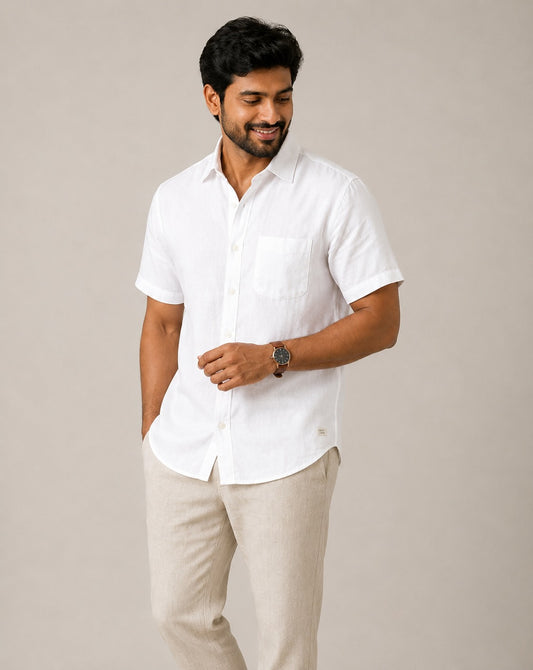 Linen Half-Sleeve Regular Collar Shirt for Men- White