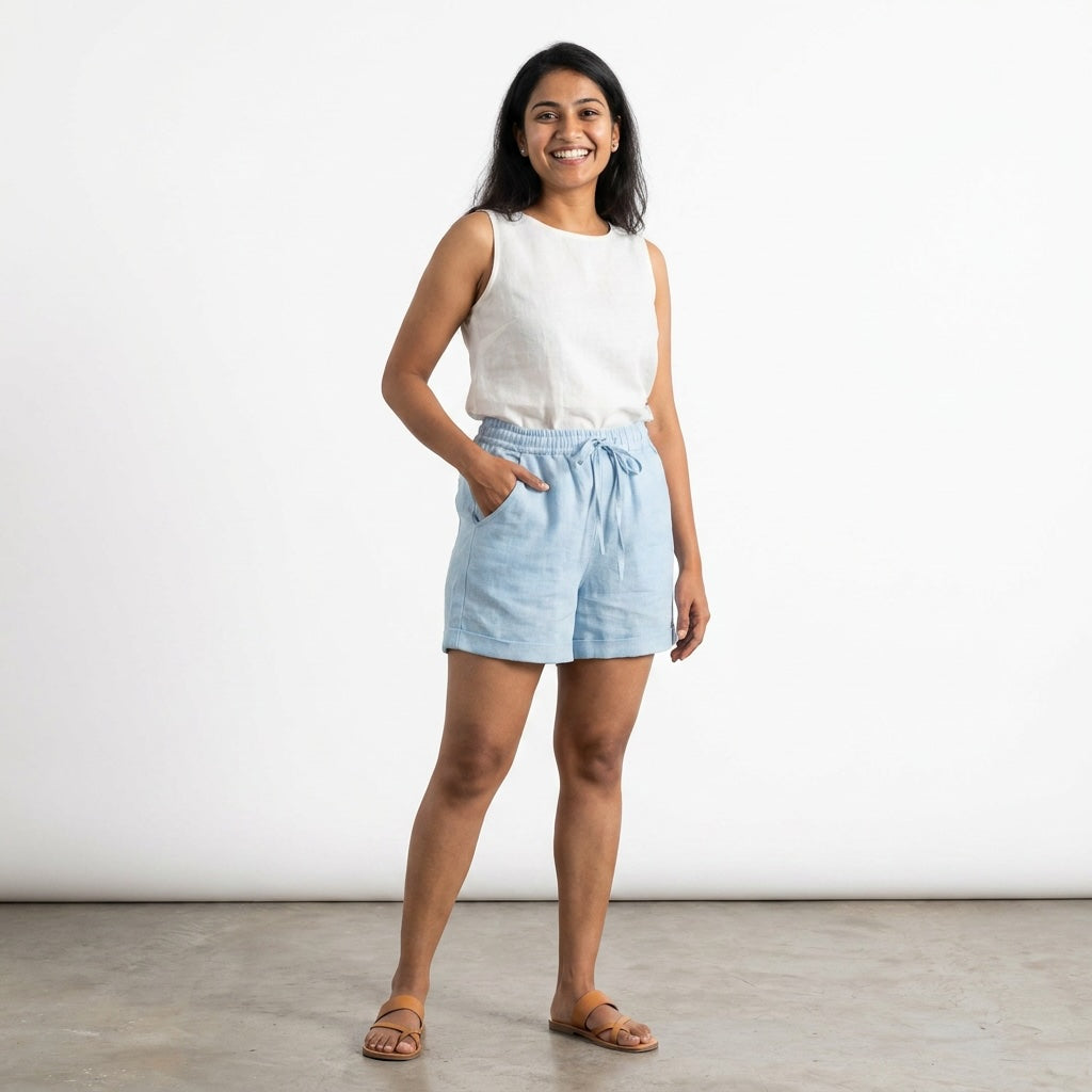 Linen Shorts for Women- Sky Blue