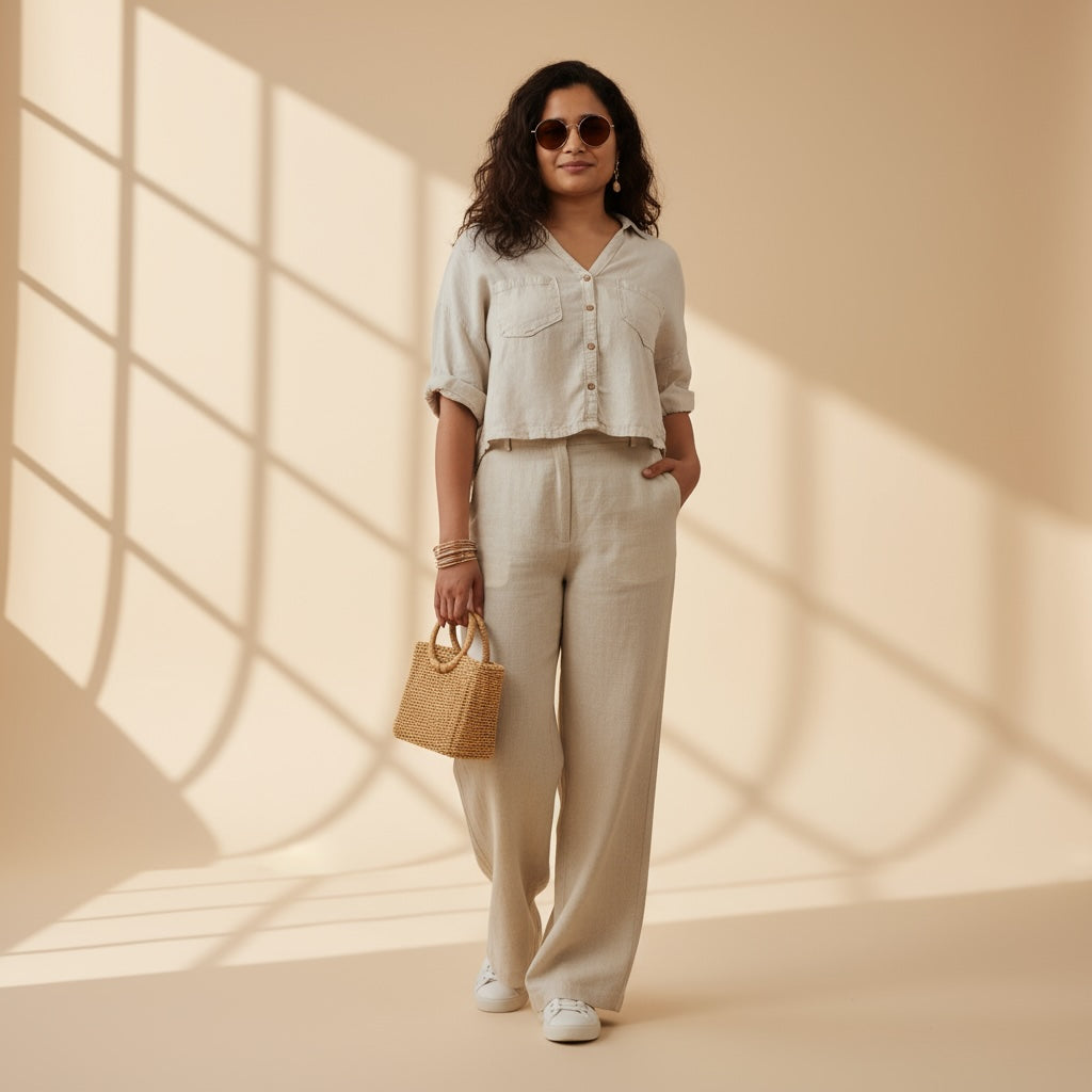 Oversize Boxy Crop Shirt - Women- 100% Premium Linen - Beige