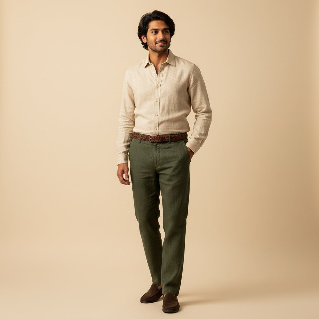100% Pure Linen Chinos for Men - Olive