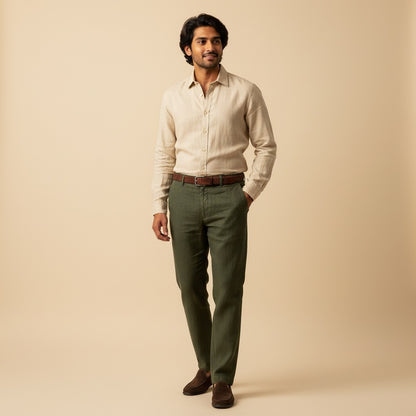 100% Pure Linen Chinos for Men - Olive