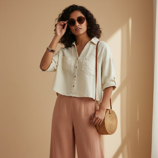 Oversized Boxy Crop Linen Shirt for Women- Beige